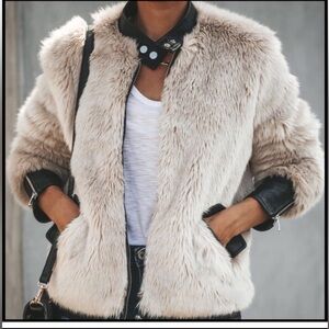 Tan, Faux fur coat, with faux leather accents